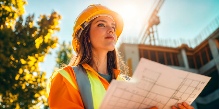 Young female construction worker in safety clothing on a commercial building site holding plans and surveying the site