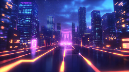 Futuristic cityscape with neon lights and vibrant colors.