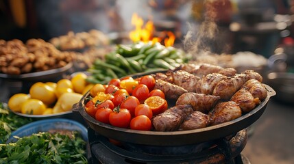 A vibrant display of grilled chicken, fresh vegetables, and colorful fruits at a bustling outdoor market.