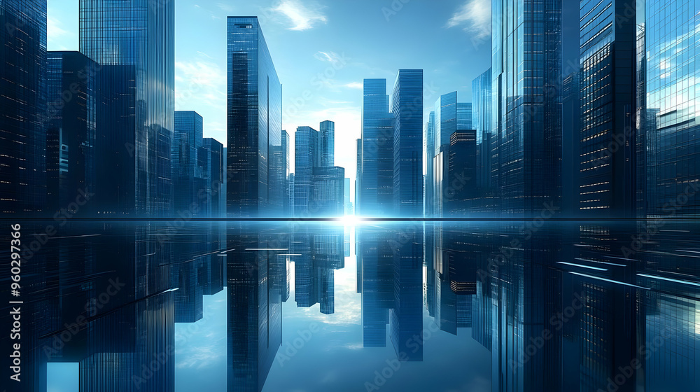 Wall mural futuristic cityscape with reflective water and skyscrapers.