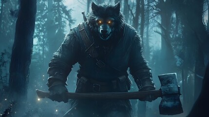 Fearsome Steampunk Werewolf Lumberjack Wielding Weathered Axe in Dark Misty Forest