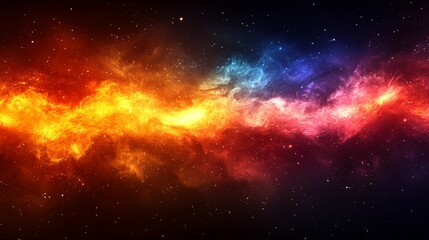 Fototapeta premium A vibrant cosmic nebula illuminated in shades of orange, blue, and purple against a dark starry background in deep space