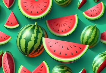 Bright  juicy watermelon fruit in realistic 3D cartoon style.