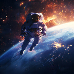 graphics of space, planets, and astronauts on a white background.