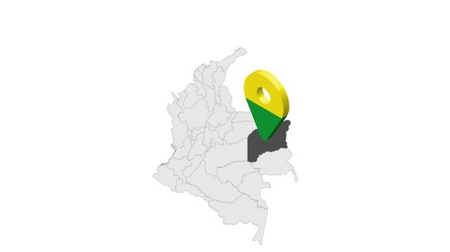Location Vichada Department  on map Colombia. 3d Vichada flag map marker location pin. Map of  Colombia showing different parts. Animated map . 4K.  Video