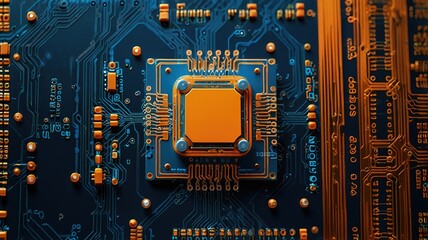 Fototapeta premium Orange, blue technology background/Orange and blue technology background circuit board and code
