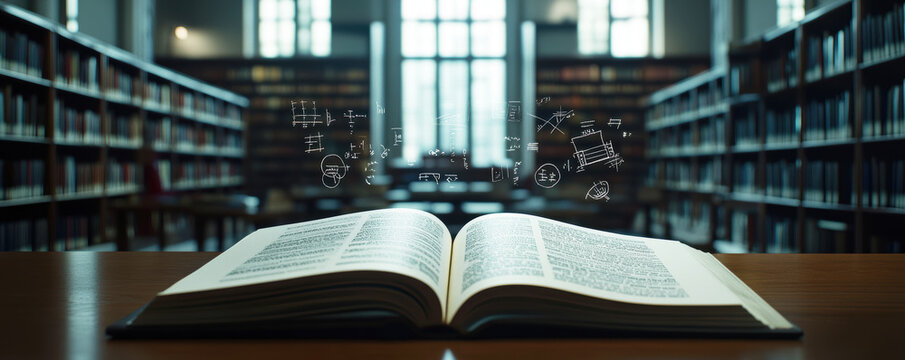 An inviting library scene, an open book placed on a table in the foreground. Mathematical symbols, formulas, and geometric shapes emerge\, representing the study.