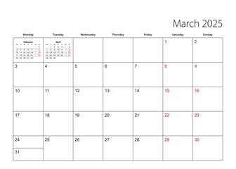 March 2025 simple calendar planner, week starts from Monday.
