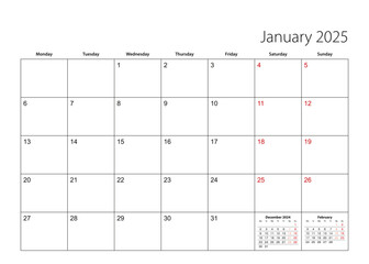 January 2025 simple calendar planner, week starts from Monday.