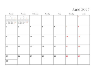 June 2025 simple calendar planner, week starts from Monday.