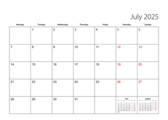 July 2025 simple calendar planner, week starts from Monday.