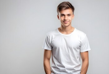 Obraz premium Young man in a white t shirt on white background