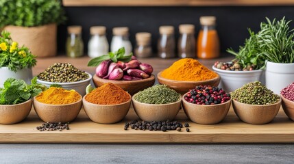 Fototapeta premium Vibrant assortment of spices and herbs in bowls, showcasing a variety of colors and textures, perfect for culinary inspiration.