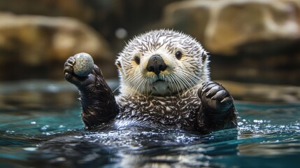 Sea Otter Holding a Smooth Gray Rock in Water