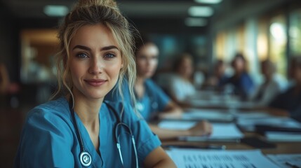 medical and health services manager discussing patient care plans with a team of doctors and nurses in a modern hospital