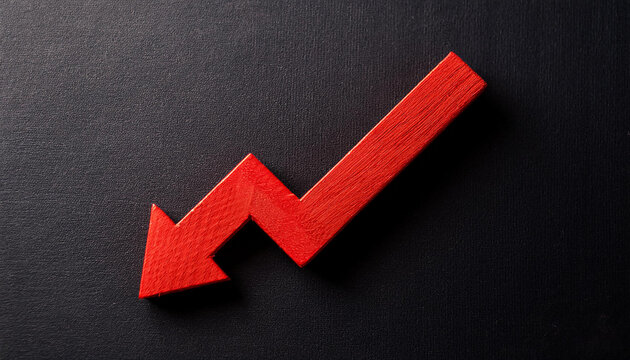 Red wooden arrow pointing down on black background. Business, market decline or economic