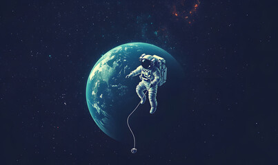 graphics of space, planets, and astronauts on a white background.