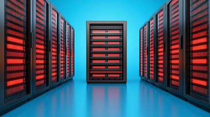 Futuristic data center with illuminated server racks showcasing advanced technology and digital storage solutions.