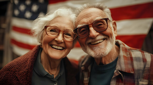 Happy elderly couple smiling together in front of an American flag.