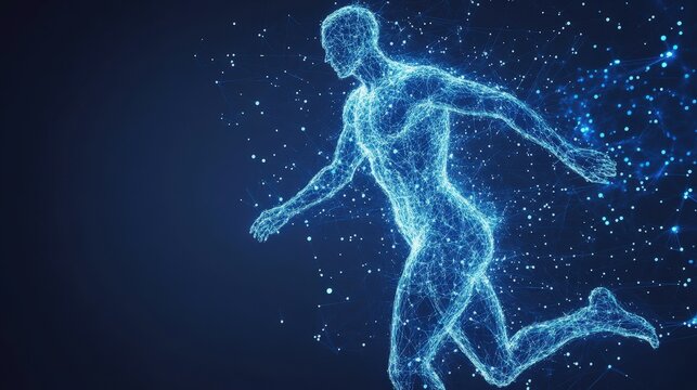 Sport training and fitness program digital visualization with athlete figure on plain background