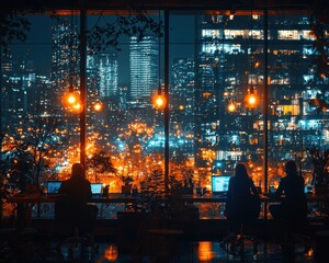 Dedicated Businesspeople Working Late in Office Illuminated by City Lights - Overtime Work Ethic Concept