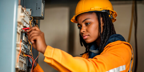 Young female electrician working outside at an industrial electric power station wearing safety clothes