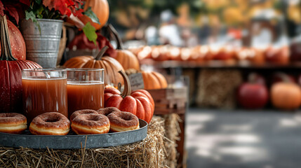 Autumn market stall decorated with pumpkins, hay bales, and delicious donuts. warm colors and inviting atmosphere create festive feeling.