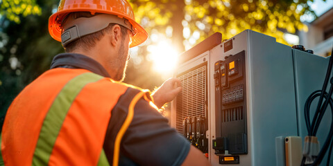 Electrician in bright sunlight working in the street repairing a large industrial fuse box