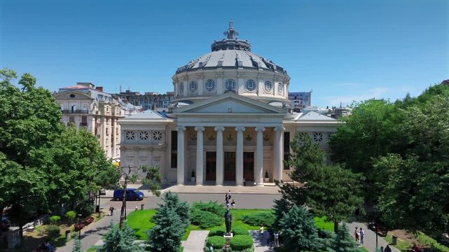 Aerial view over Romanian Atheneum building. Architecture details of this amazing landmark from Bucharest. 4k video.