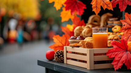 Freshly made hot spiced cider and baked goods are beautifully displayed at an autumn market stall, surrounded by vibrant fall leaves.