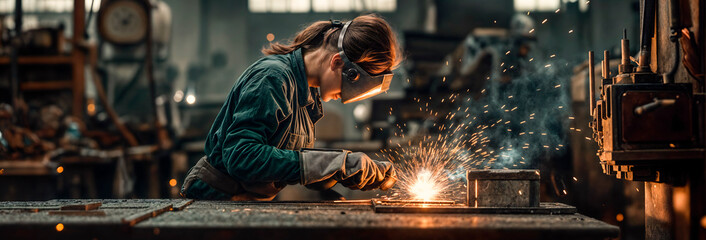 Young woman using a welding torch in a workshop as an apprentice concept