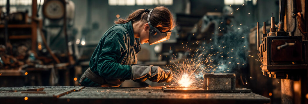 Young woman using a welding torch in a workshop as an apprentice concept