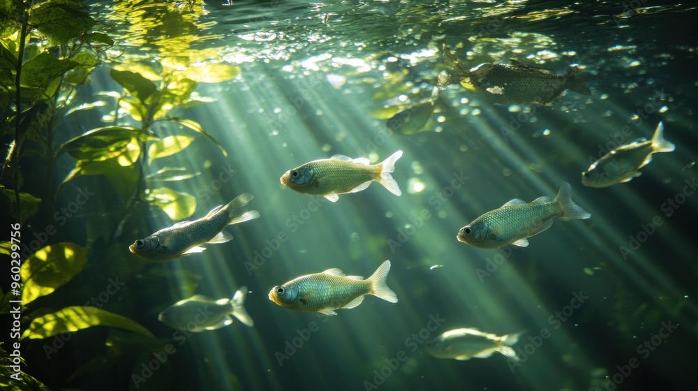 Poster Sunbeams Illuminating Fish in a Verdant Aquatic Environment