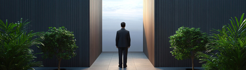 Fototapeta premium A businessman stands at a bright doorway, contemplating possibilities, surrounded by greenery, symbolizing growth and opportunity.