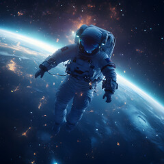 graphics of space, planets, and astronauts on a white background.