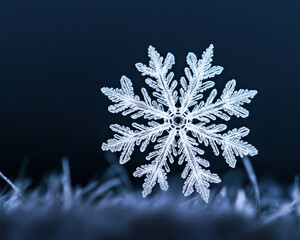 A detailed snowflake resting on soft frost, capturing the beauty of winter's delicate nature against a dark background.
