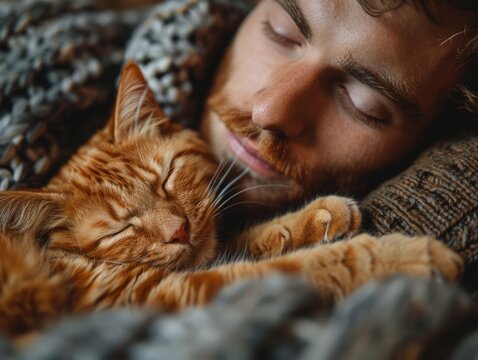 man napping on a couch, his cat curled up on his chest.