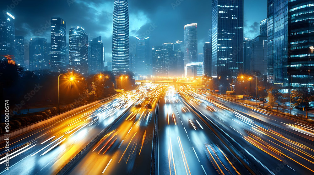 Wall mural night cityscape with illuminated buildings and moving traffic.