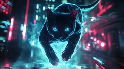 Neon Lit Futuristic Black Cat with Telekinetic Powers Levitating in Moody Gothic Occult Atmosphere