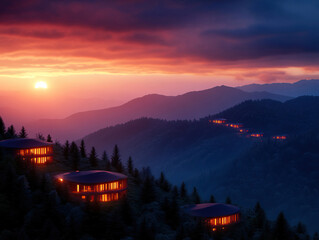 A serene sunset view over mountains with glowing cabins, showcasing nature's beauty and tranquility.