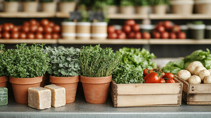 Fresh herbs and vegetables are beautifully arranged in pots and crates, creating vibrant market stall atmosphere.