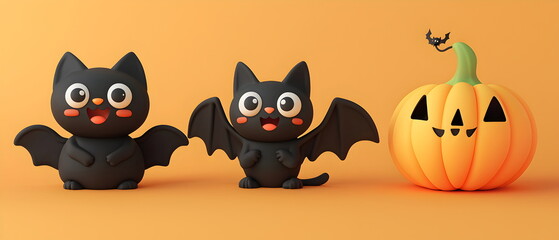 Fototapeta premium A vector set of 3 Halloween characters in 3d clay design, including a Black cat, a Bat with the silly face, and an cute Pumpkin, adorable and festive, isolated on a clean background