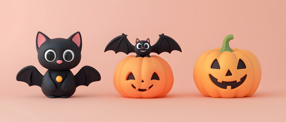 Obraz premium A vector set of 3 Halloween characters in 3d clay design, including a Black cat, a Bat with the silly face, and an cute Pumpkin, adorable and festive, isolated on a clean background