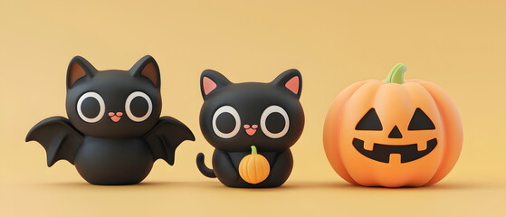 Naklejka premium A vector set of 3 Halloween characters in 3d clay design, including a Black cat, a Bat with the silly face, and an cute Pumpkin, adorable and festive, isolated on a clean background