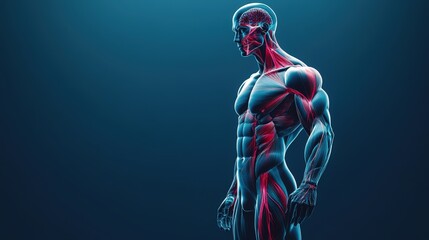 Sport science and fitness regime digital representation with athlete figure on plain background