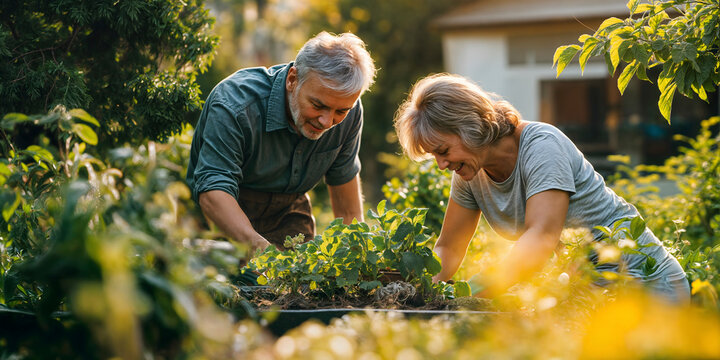 Happy retired couple gardening and enjoying life in bright sunshine