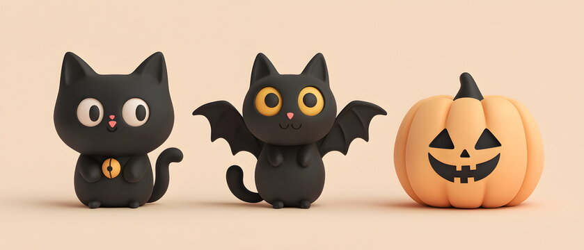 A vector set of 3 Halloween characters in 3d clay design, including a Black cat, a Bat with the silly face, and an cute Pumpkin, adorable and festive, isolated on a clean background