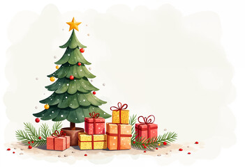 Illustration of Watercolor Christmas Tree with Gift Packages, New Year Background