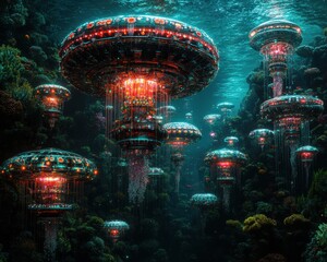 A vibrant underwater city with glowing, jellyfish-like structures, surrounded by coral reefs, showcasing advanced technology in a futuristic ocean habitat.