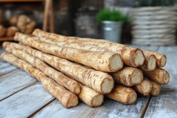 Fresh Horseradish Roots on Wooden Table Surface
